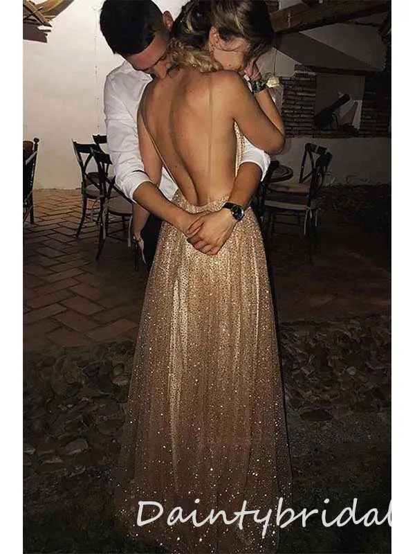 Sparkly Champagne Spaghetti Straps V-neck Backless A-line Long Prom Dresses Evening Dress, OL886