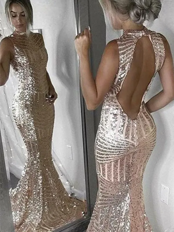 Sparkly Sleeveless Open Back Mermaid Prom Dress, DB10951