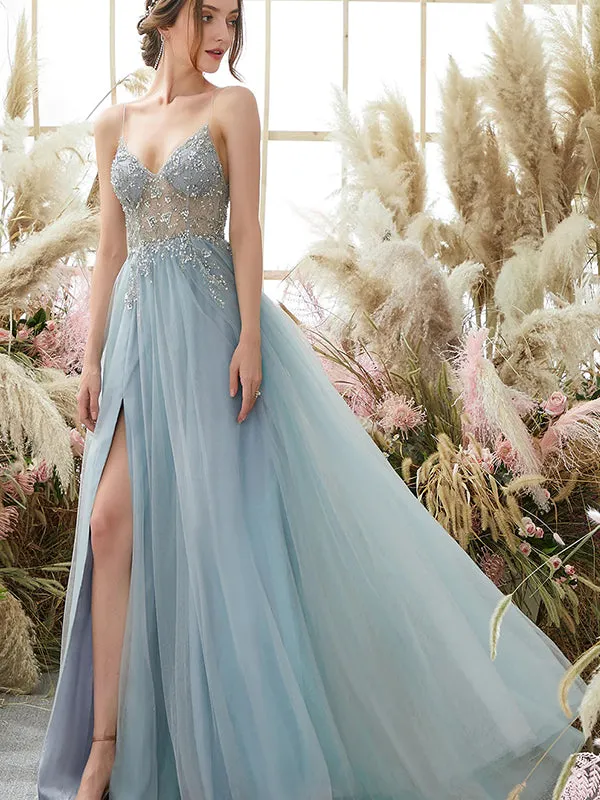 Sparkly Spaghetti Straps V-neck Side Slit Tulle Prom Dress, OL556