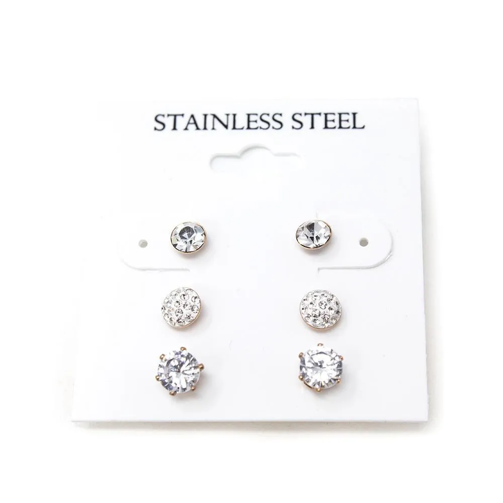 Stainless St CZ Stud Earrings Set of Three R Gold Pl