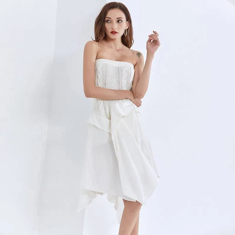 Strapless Knit Irregular Skirt Dress in White