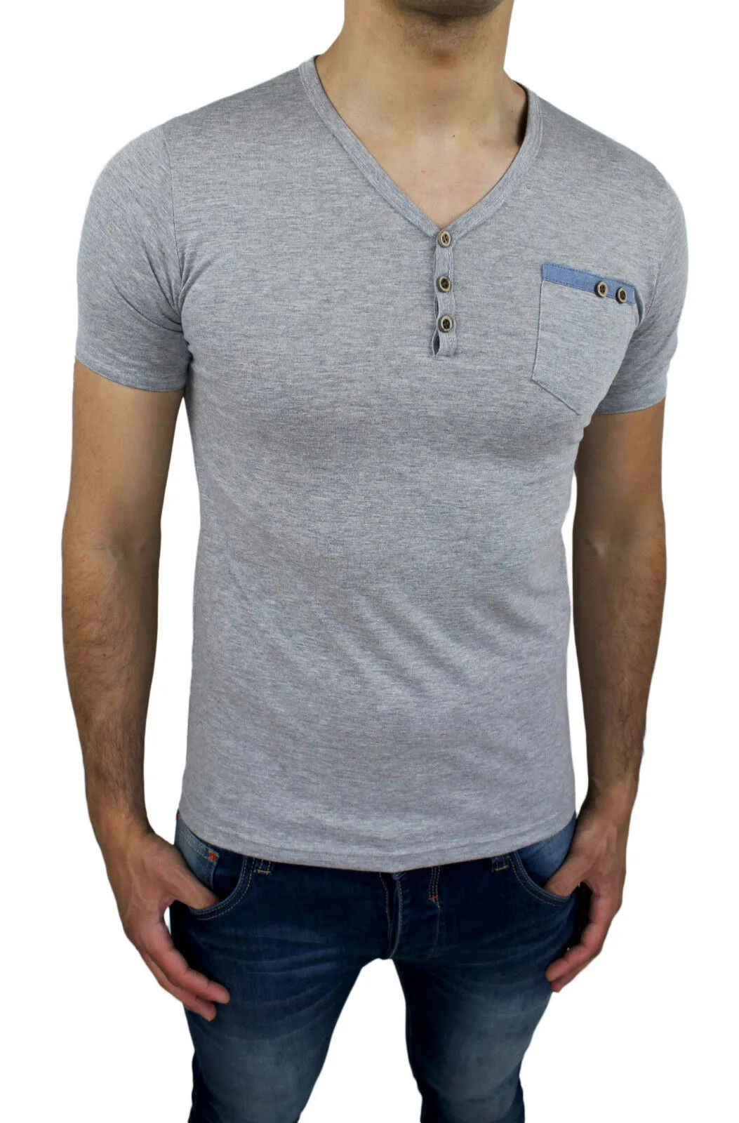 T-SHIRT MAGLIA UOMO GRIGIO CHIARO SLIM FIT CASUAL CON BOTTONI tg S M L XL XXL