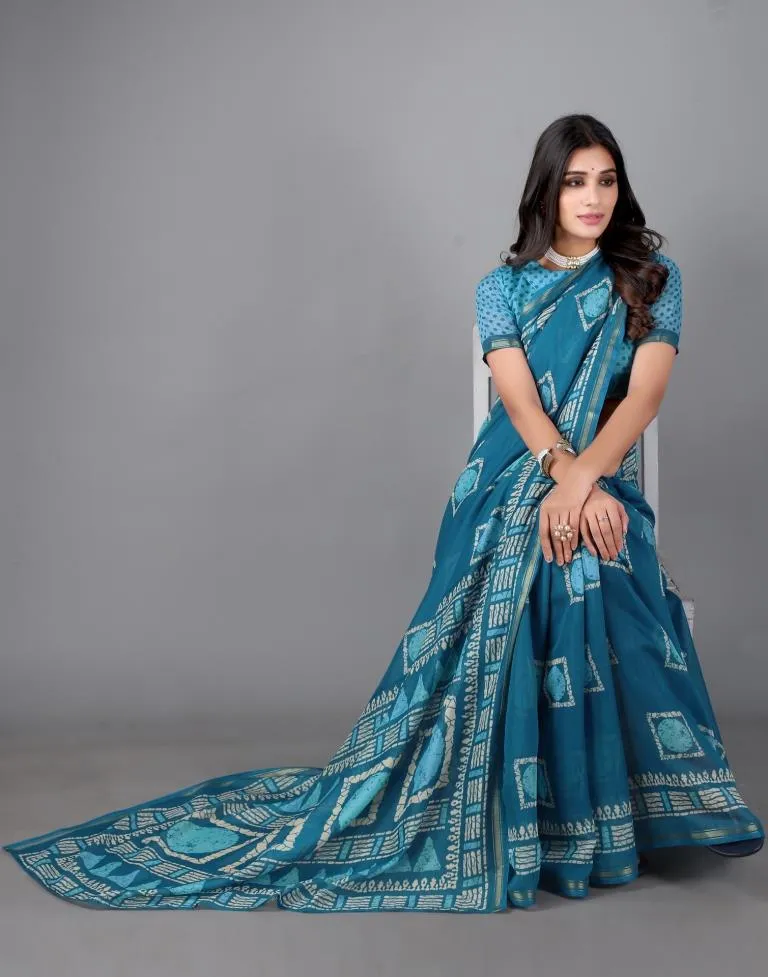 Teal Blue Cotton Saree