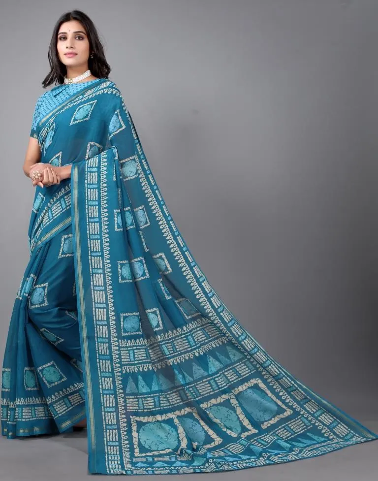 Teal Blue Cotton Saree