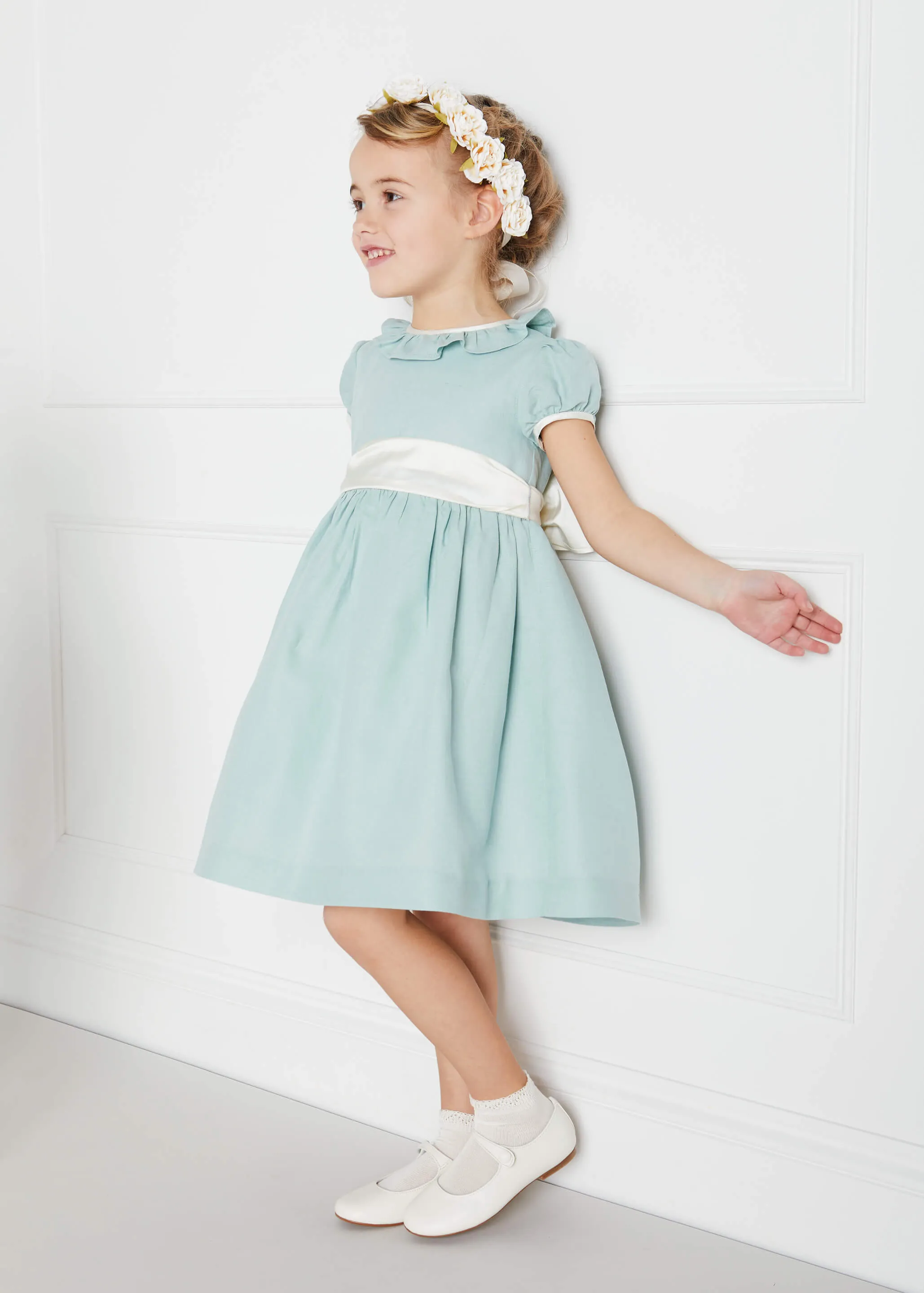 Teal Flower Girl Occasion Dress with Ivory Sash (12mths-10yrs)