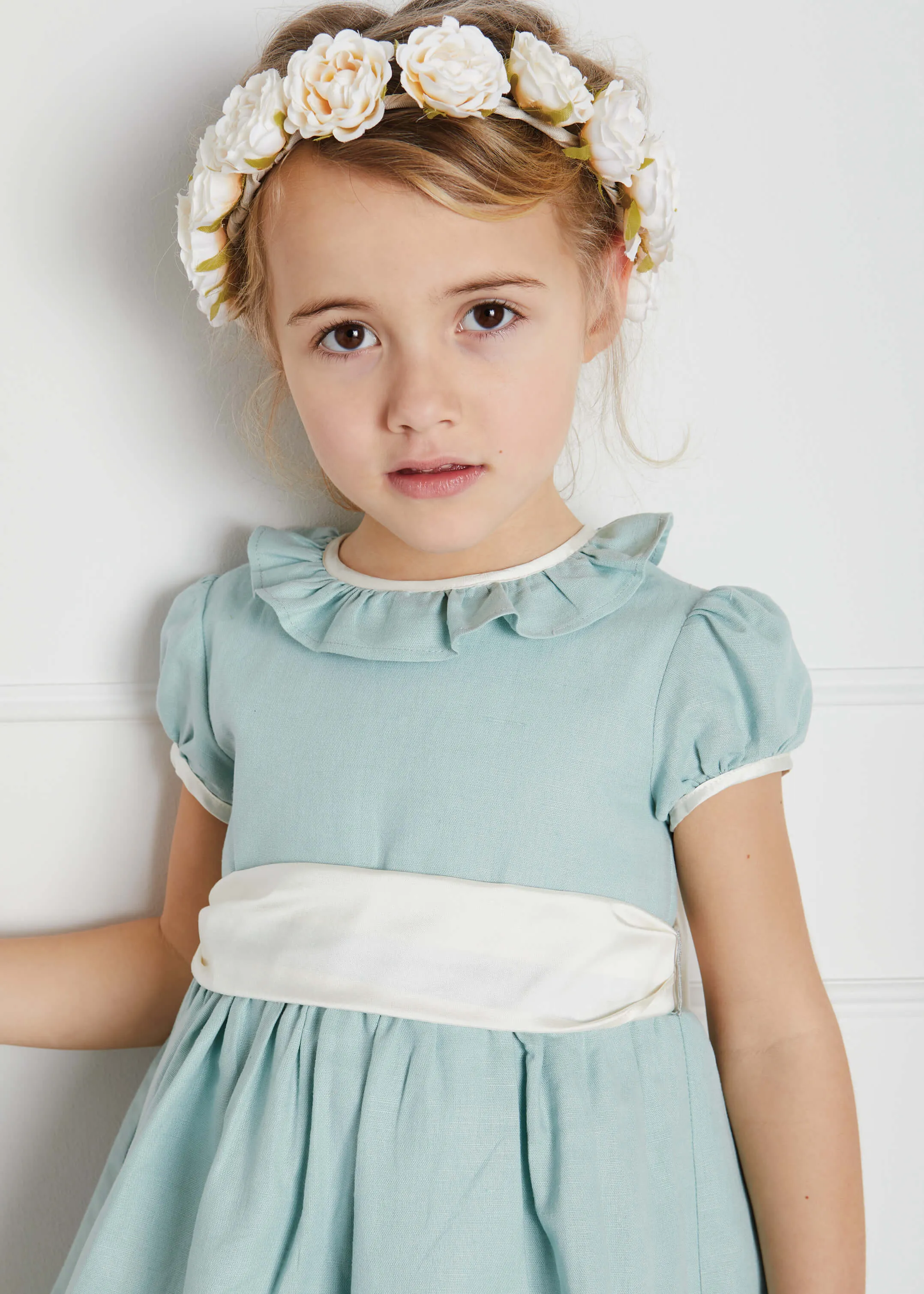 Teal Flower Girl Occasion Dress with Ivory Sash (12mths-10yrs)