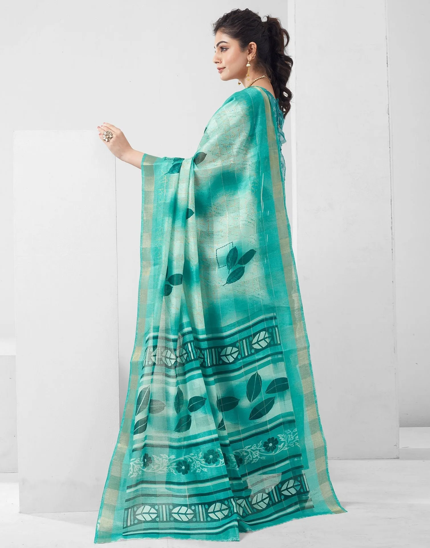 Turquoise Printed Cotton Saree