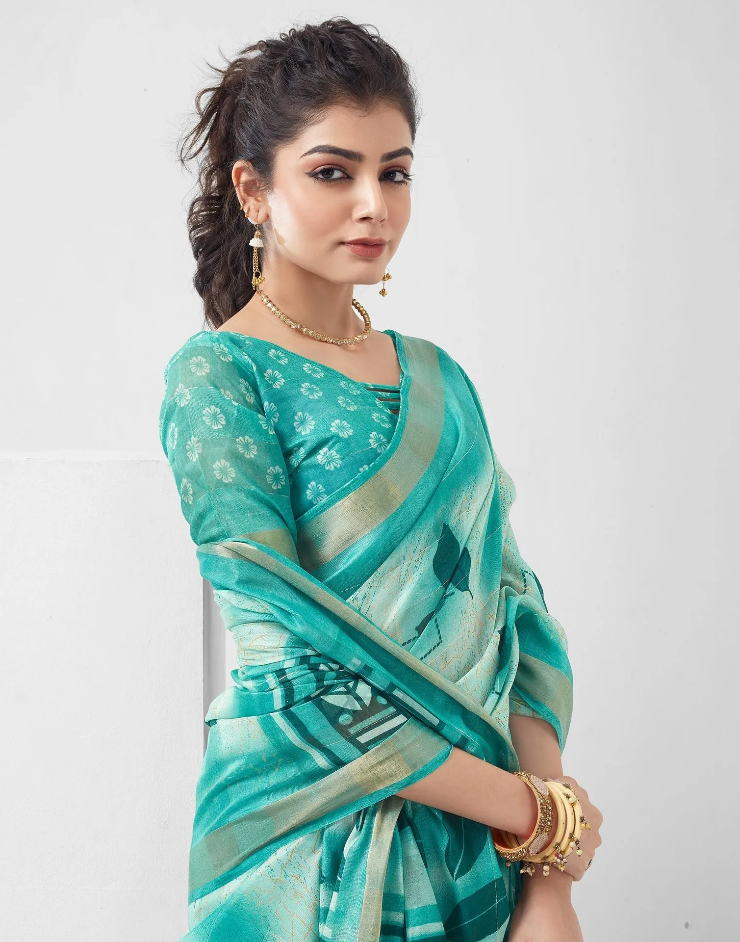 Turquoise Printed Cotton Saree