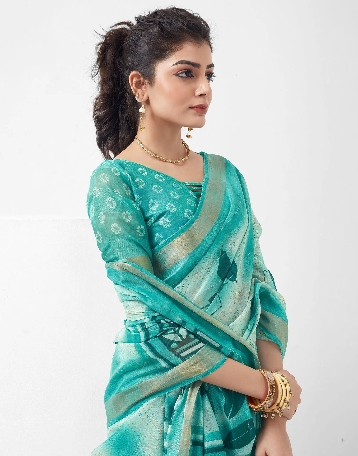 Turquoise Printed Cotton Saree