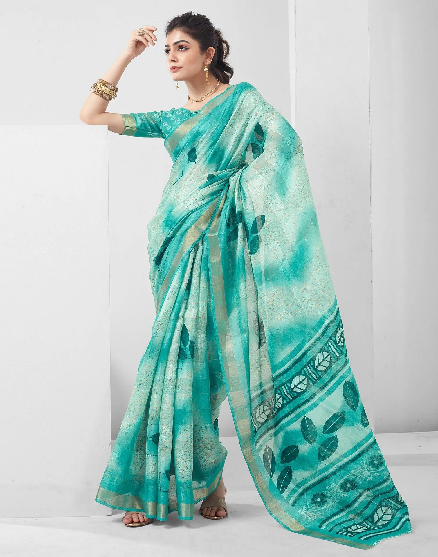 Turquoise Printed Cotton Saree