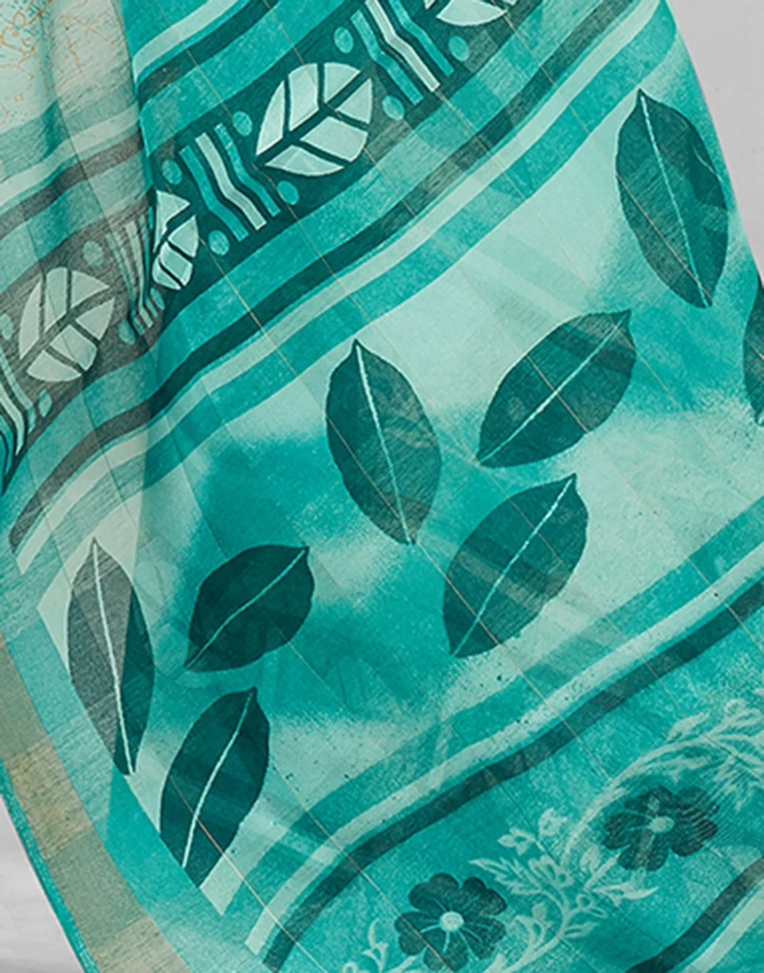 Turquoise Printed Cotton Saree