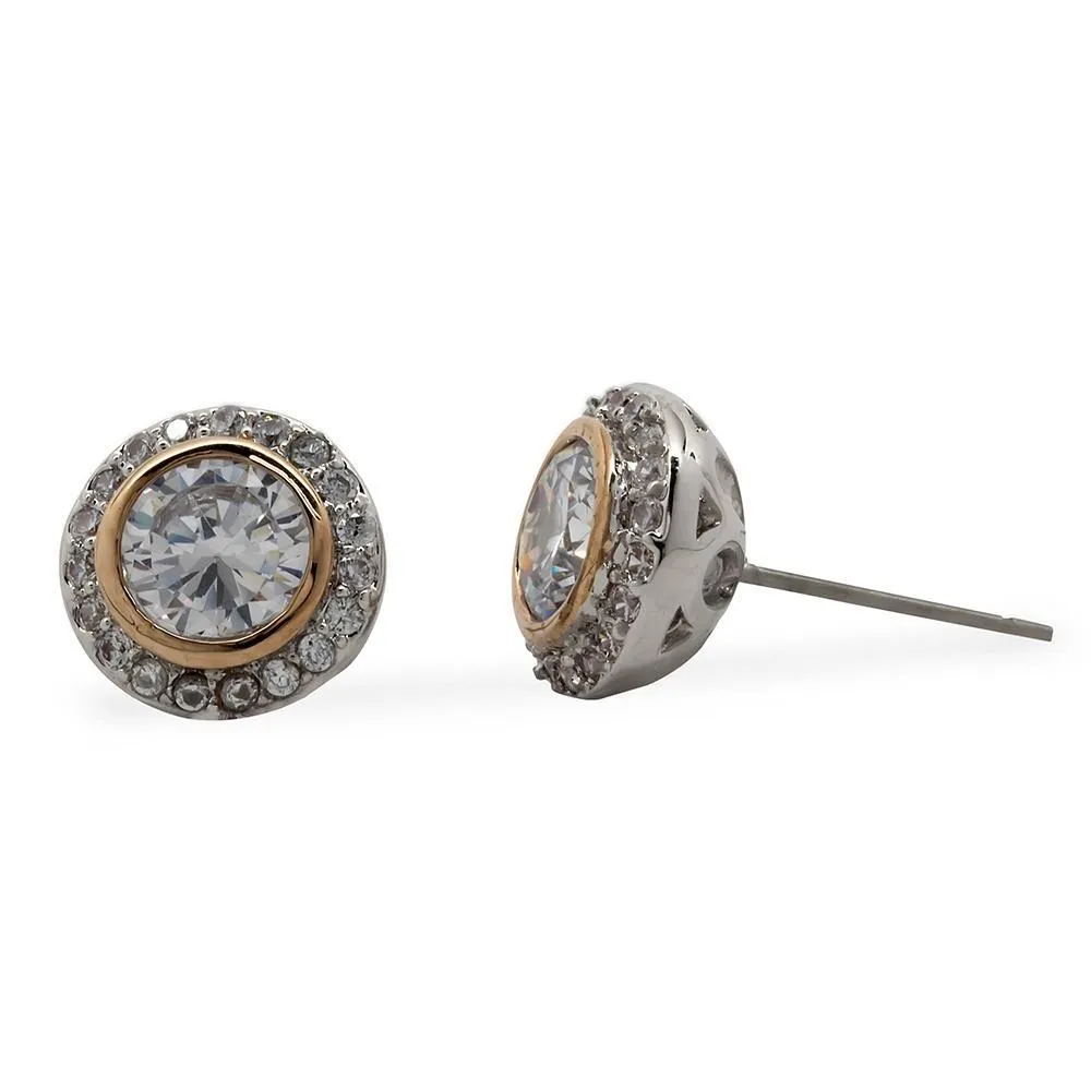 Two Tone Round CZ Earrings