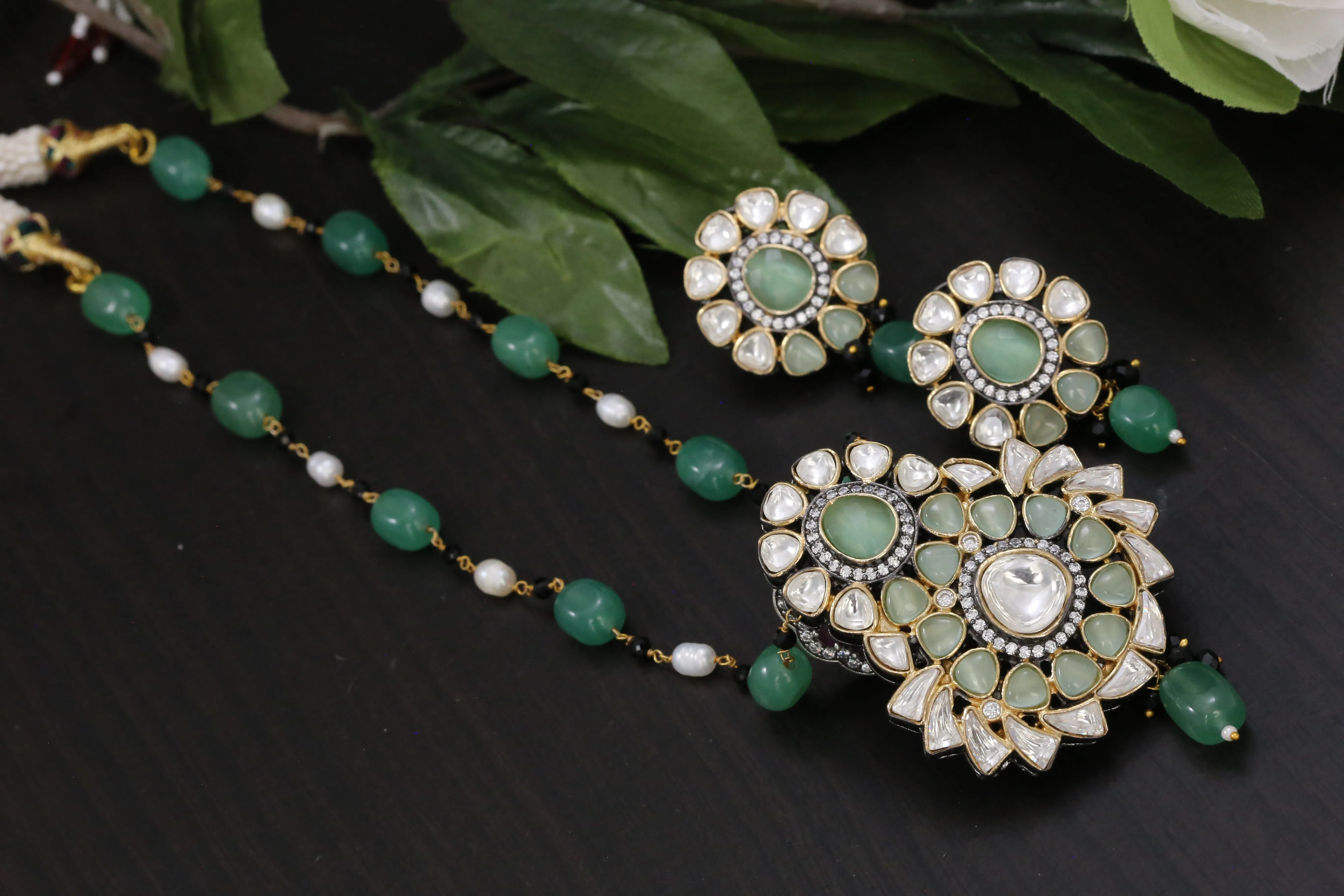 Uncut Kundan Necklace Set - Mint