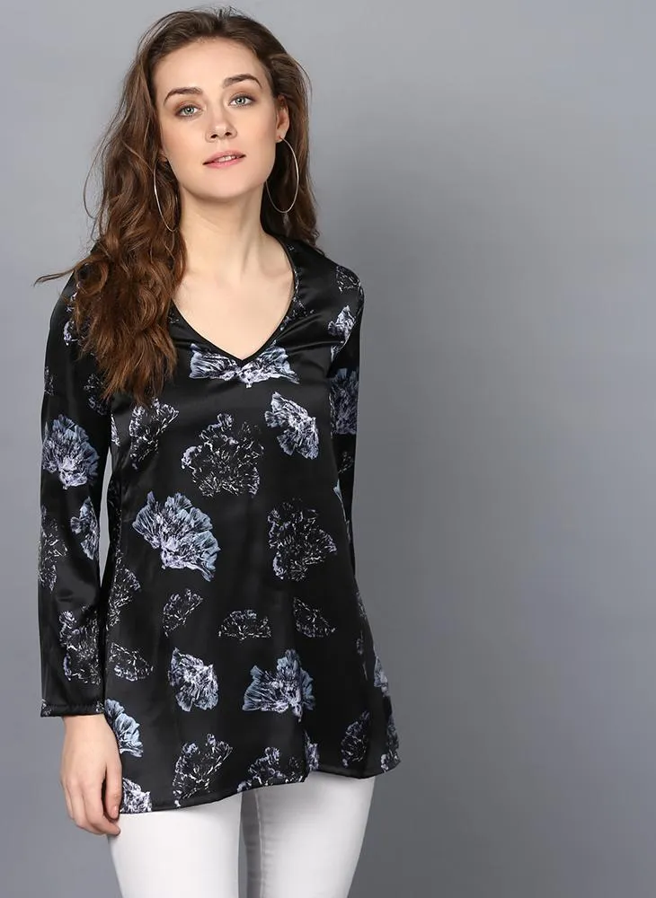 V-Neck Dark Floral Printed Tunic