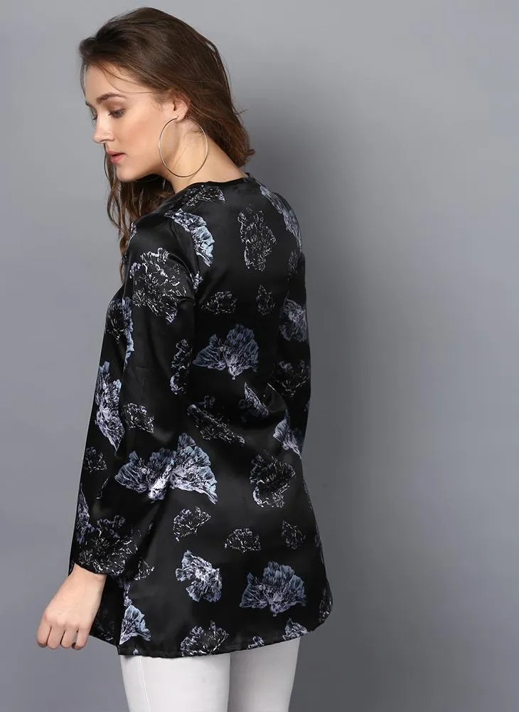 V-Neck Dark Floral Printed Tunic