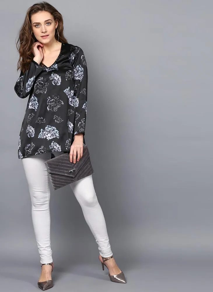 V-Neck Dark Floral Printed Tunic