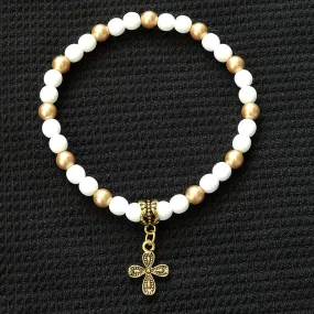 White and Gold Beaded Cross Mens and Womens Bracelet