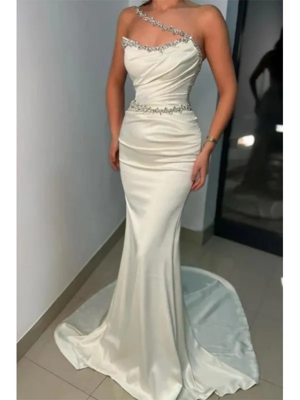 White Sleeveless Mermaid Satin Beading Long Prom Dress Evening Dress, OL714