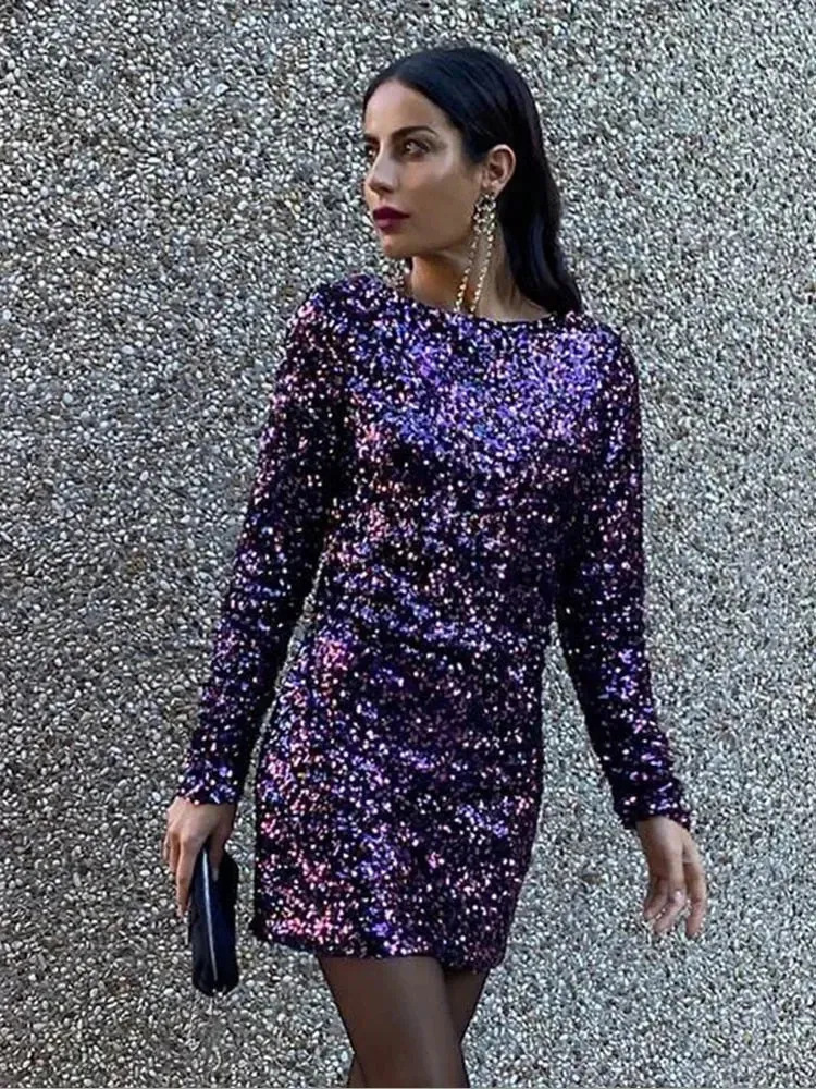 Women Sexy Backless Sequins Mini Dress Long Sleeve A-line Evening Party Dresses