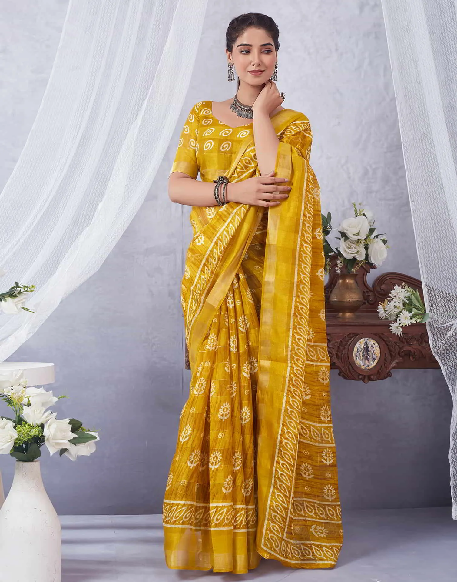 Yellow Printed Cotton Saree